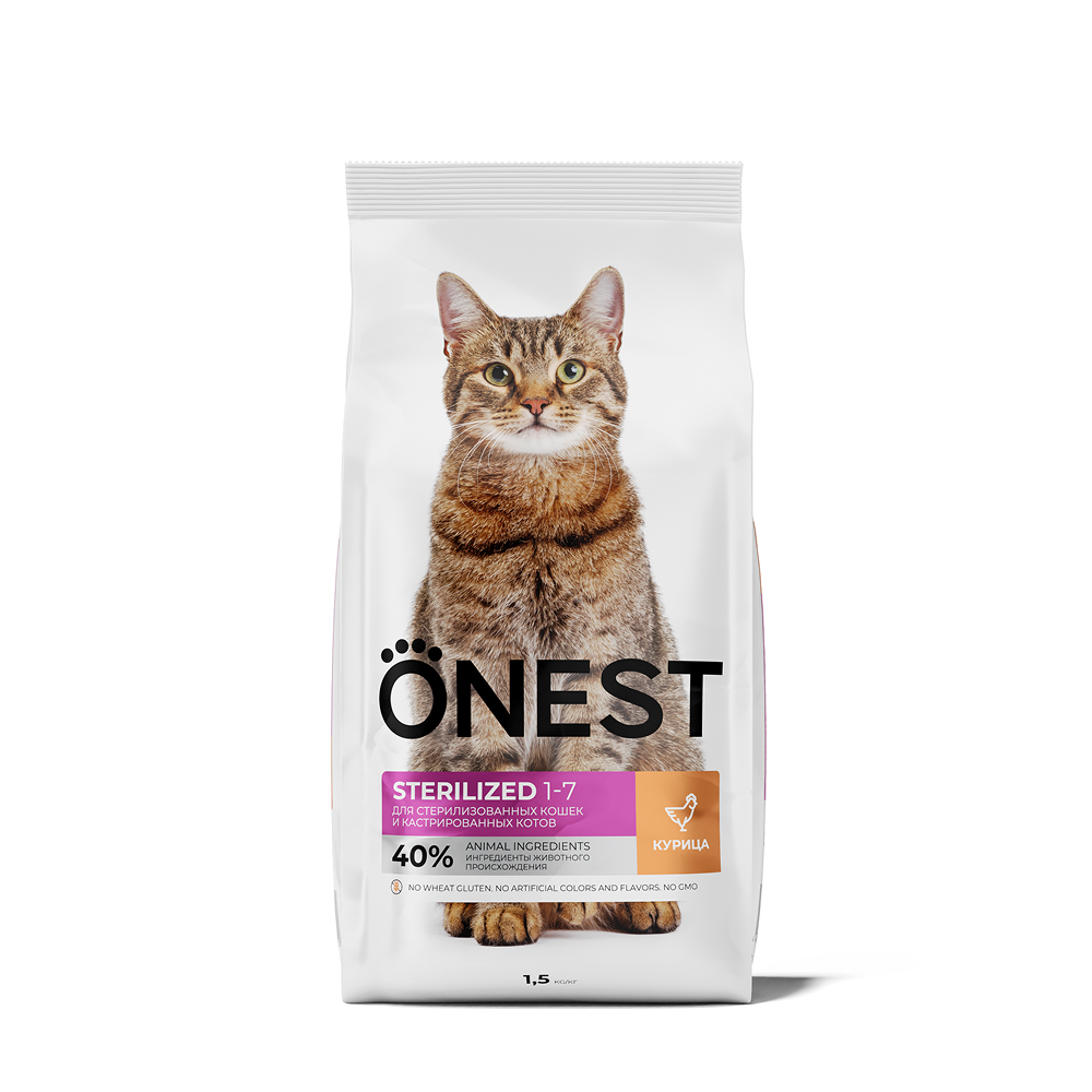

ONEST Sterilized Сухой корм для стерилизованных кошек и кастрированных котов, с курицей, 1,5 кг
