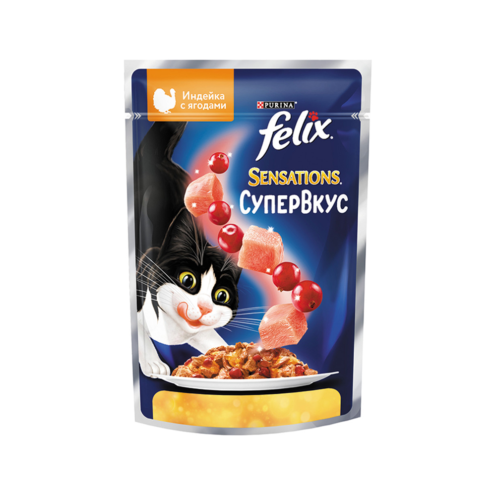 

Felix Sensations Влажный корм (пауч) для взрослых кошек Супервкус, с индейкой и ягодами в желе, 75 гр.