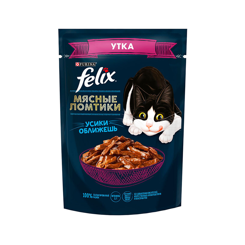 

Felix Влажный корм (пауч) для взрослых кошек Мясные ломтики, с уткой в соусе, 75 гр.