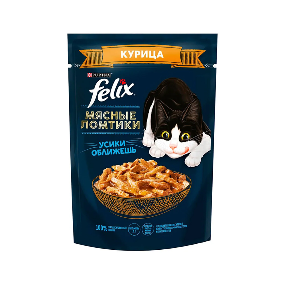 

Felix Влажный корм (пауч) для взрослых кошек Мясные ломтики, с курицей в соусе, 75 гр.