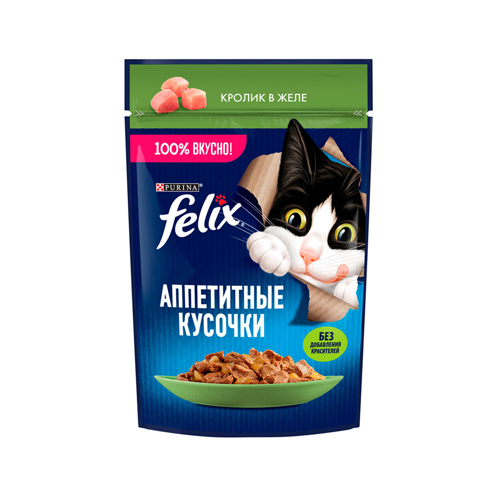 

Felix Влажный корм (пауч) для взрослых кошек Аппетитные кусочки, с кроликом в желе, 75 гр.