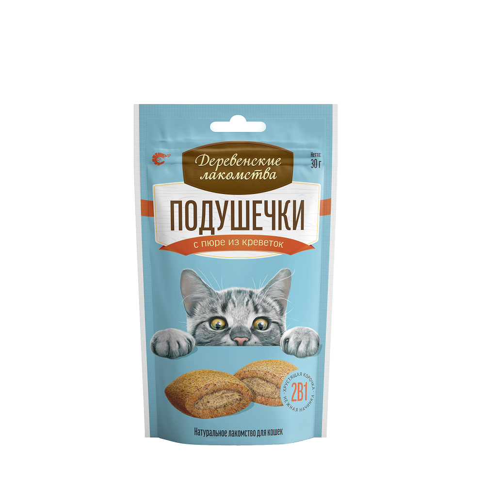 

Деревенские лакомств Лакомство Подушечки с пюре из креветок для кошек, 30 гр.