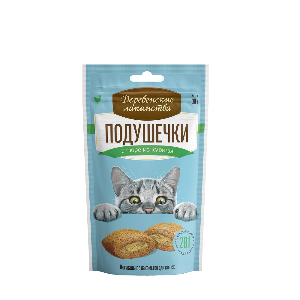 

Деревенские лакомств Лакомство Подушечки с пюре из курицы для кошек, 30 гр.