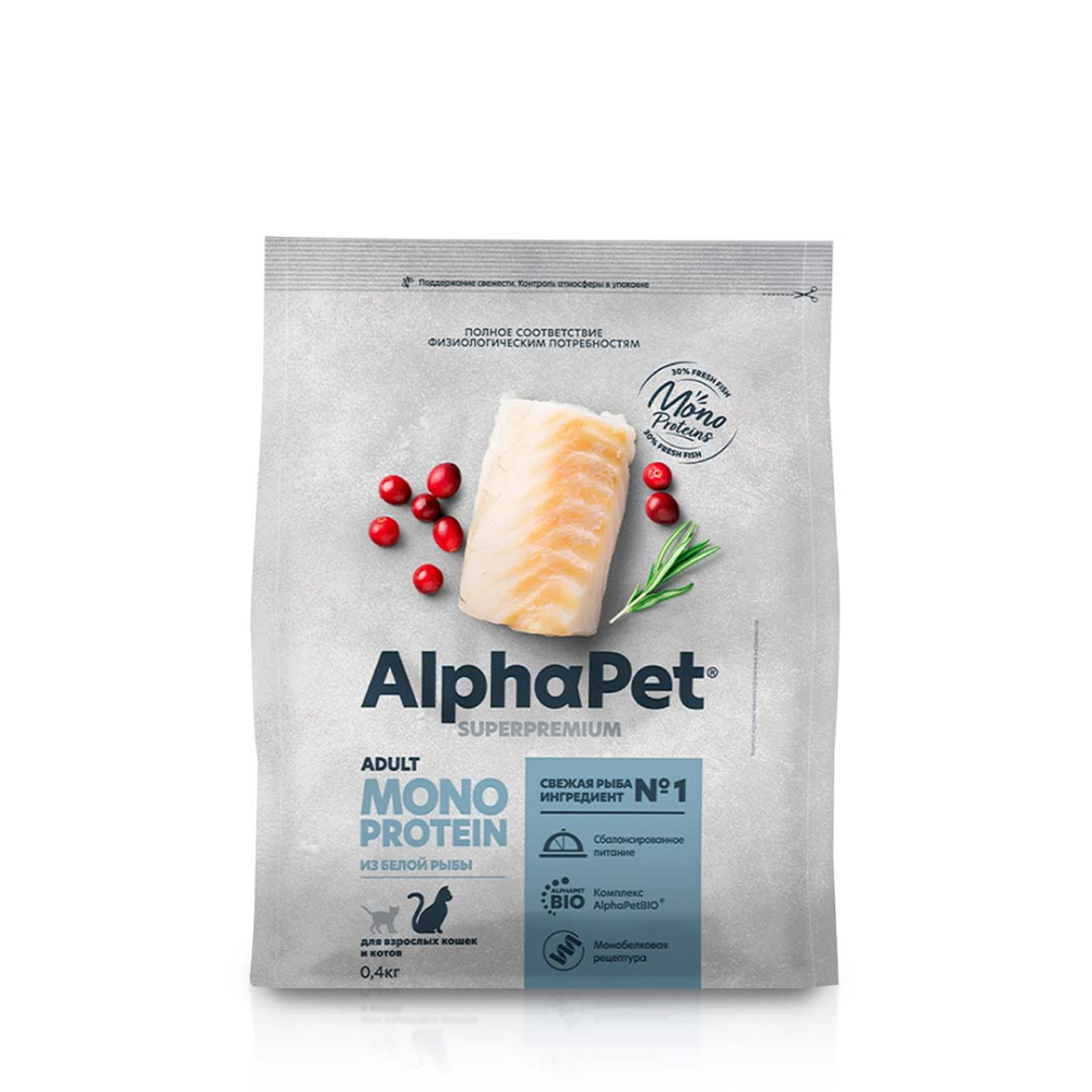 

AlphaPet Adult Monoprotein Сухой корм для взрослых кошек, с белой рыбой, 400 гр.