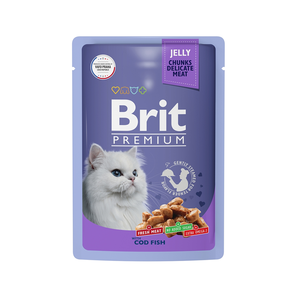 

Brit Premium Влажный корм (пауч) для взрослых кошек, с треской в желе, 85 гр.