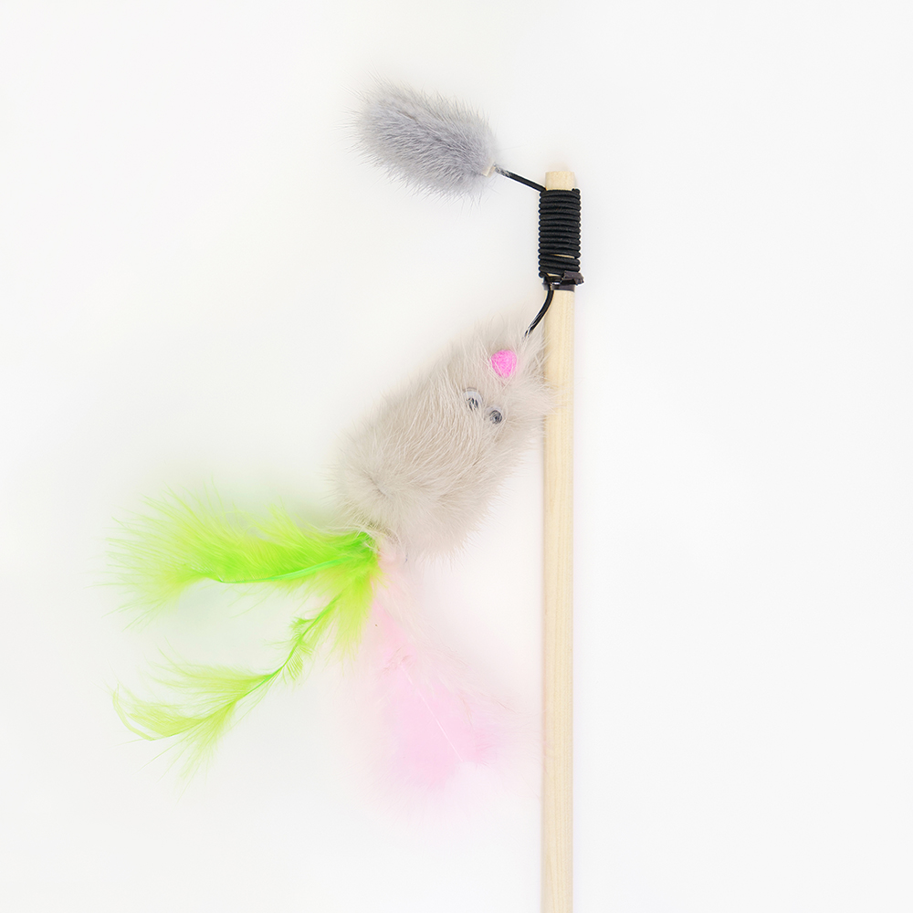 

Pet hobby Игрушка-дразнилка из натуральной норки для кошек Мышка с перьевым хвостом, игрушка 13х3 см, длина резинки 46 см, Разноцветный