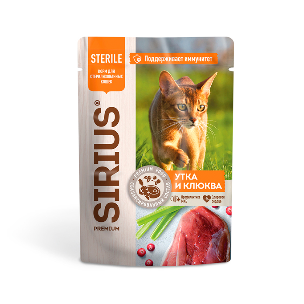 

Sirius Влажный корм (пауч) для стерилизованных кошек, с уткой и клюквой, 85 гр.