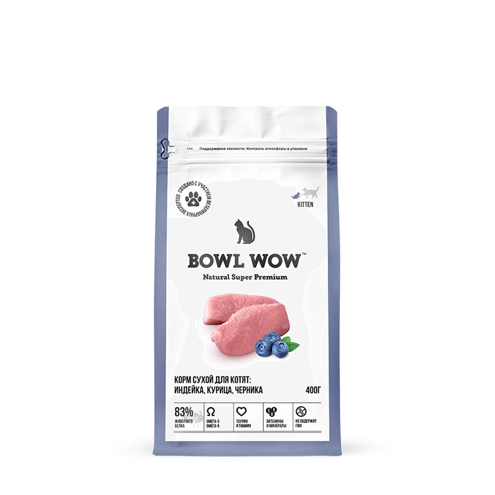 

BOWL WOW Kitten Сухой корм для котят с курицей и черникой, 400 гр.