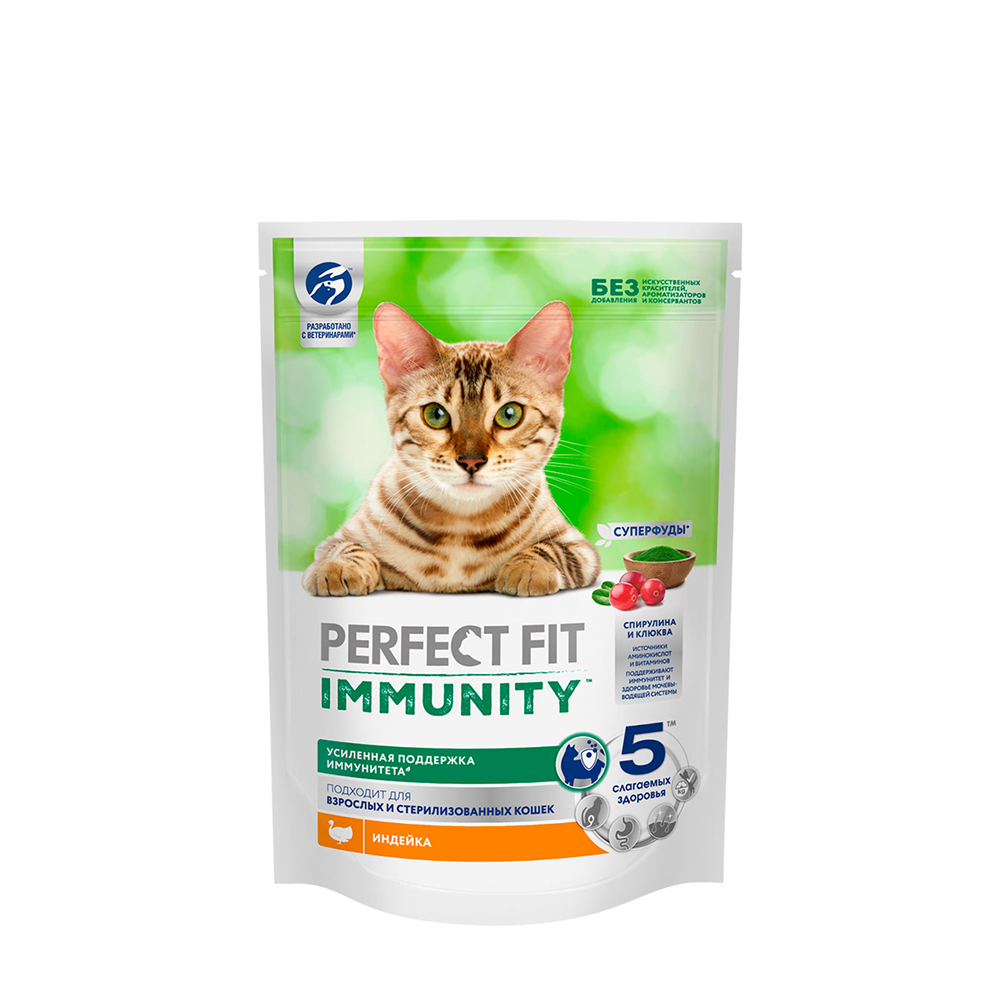 

Perfect Fit Immunity Сухой корм для кошек, с индейкой, спирулиной и клюквой, 580 гр.