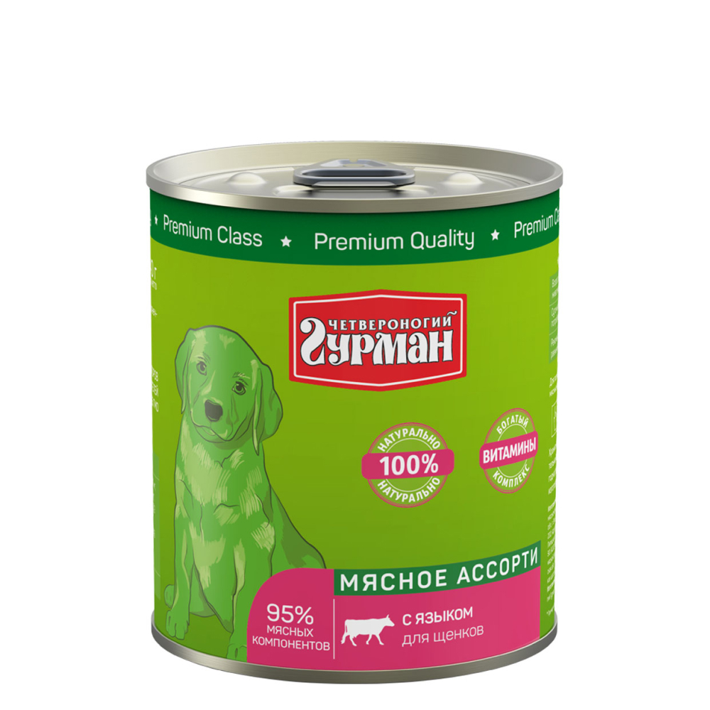 

Четвероногий Гурман Влажный корм (консервы) для щенков Мясное ассорти, с языком, 340 гр.