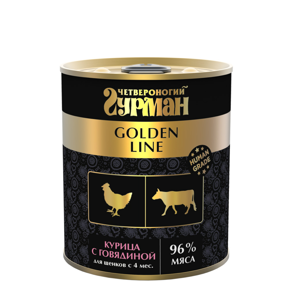 

Четвероногий Гурман Golden Line Влажный корм (консервы) для щенков, курица с говядиной, 340 гр.