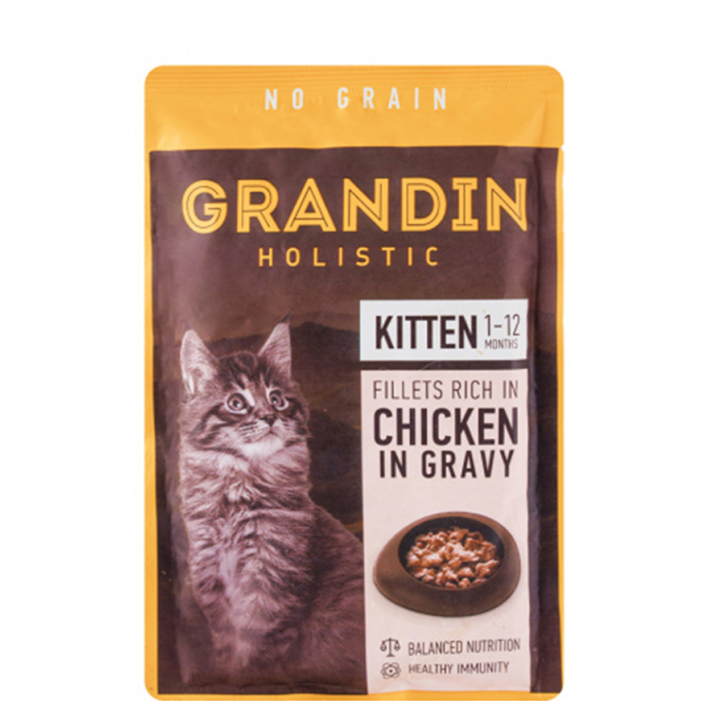 

Grandin Влажный корм (пауч) для котят, кусочки с курицей в соусе, 85 гр.
