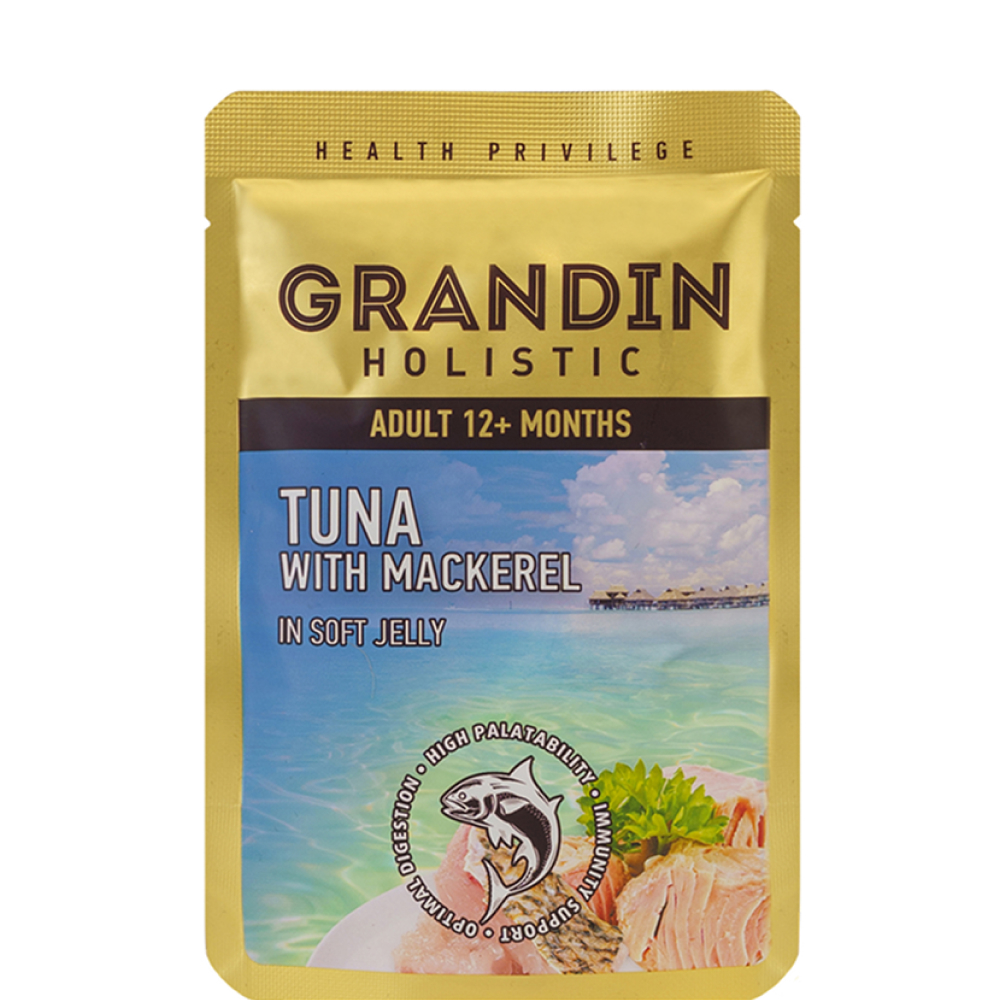

Grandin Влажный корм (пауч) для кошек, тунец с макрелью в нежном желе, 85 гр.