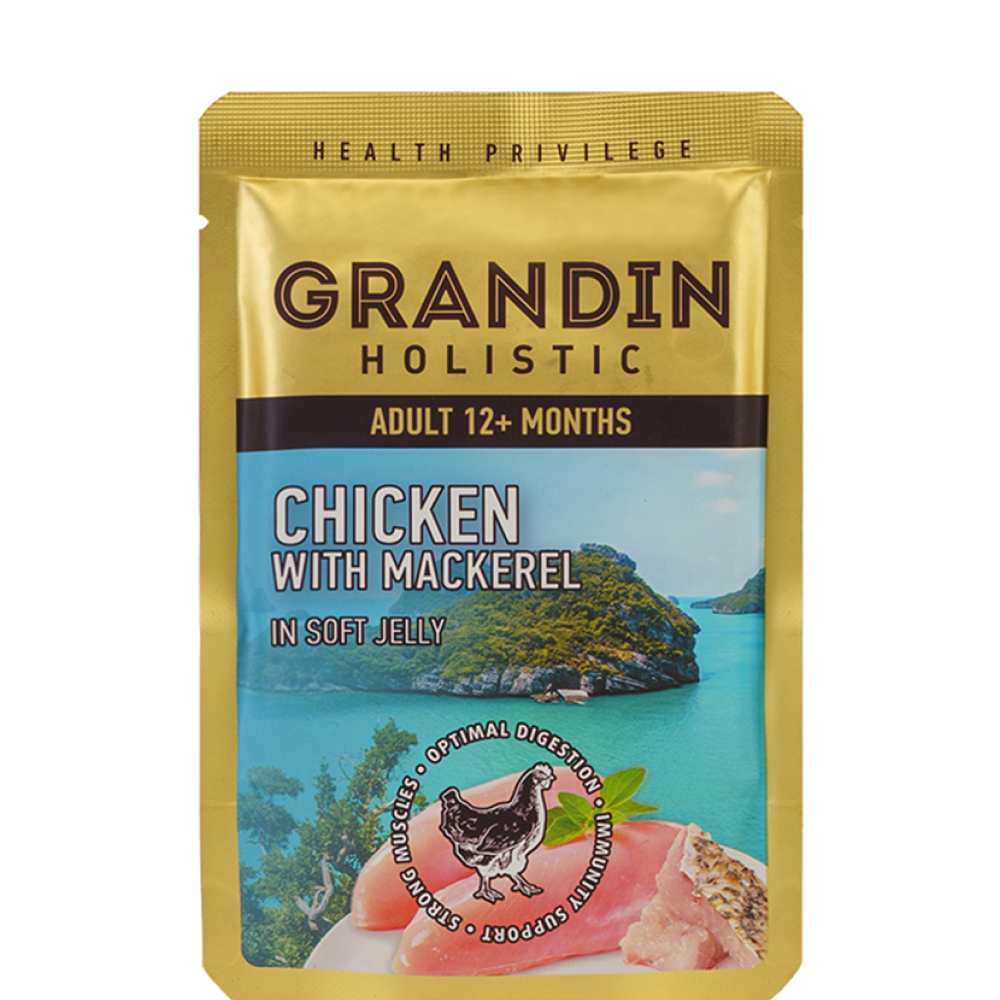 

Grandin Влажный корм (пауч) для кошек, курица с макрелью в нежном желе, 85 гр.