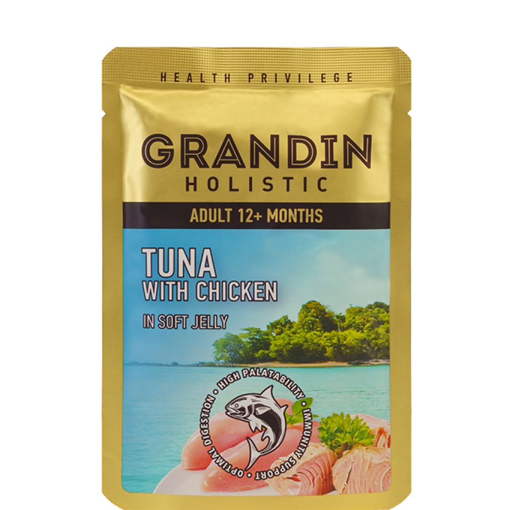 

Grandin Влажный корм (пауч) для кошек, тунец с курицей в нежном желе, 85 гр.
