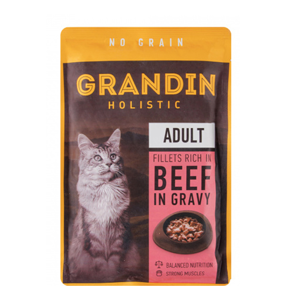 

Grandin Влажный корм (пауч) для кошек, кусочки с говядиной в соусе, 85 гр.