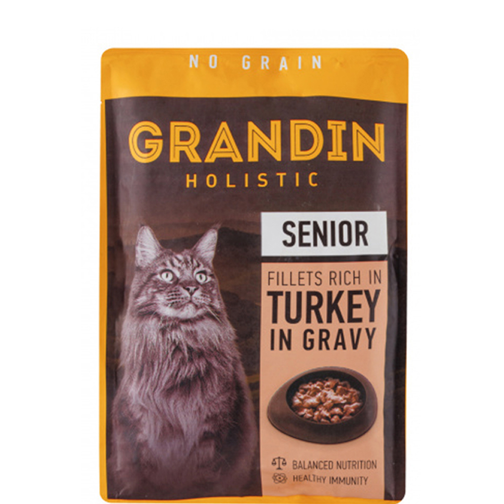 

Grandin Влажный корм (пауч) для кошек старше 7 лет, кусочки с индейкой в соусе, 85 гр.