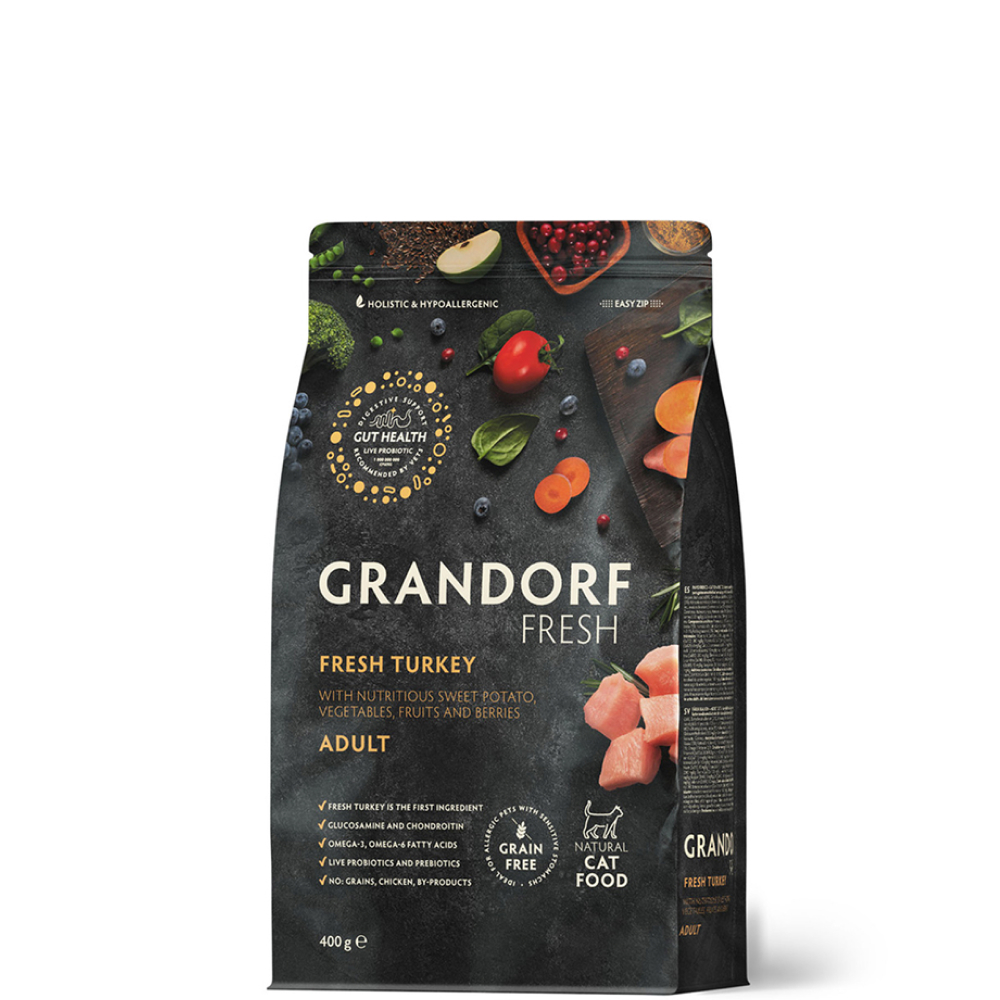 

Grandorf Fresh Adult Сухой корм для особо аллергичных кошек с чувствительным пищеварением, с индейкой и бататом, 400 гр.