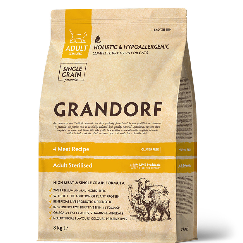 

Grandorf Holistic Adult Sterilised Сухой корм для стерилизованных кошек, четыре вида мяса, 8 кг