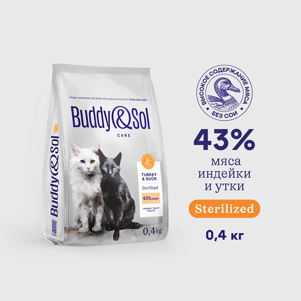 

Buddy&Sol Care Сухой корм для стерилизованных кошек, с индейкой и уткой, 400 гр.