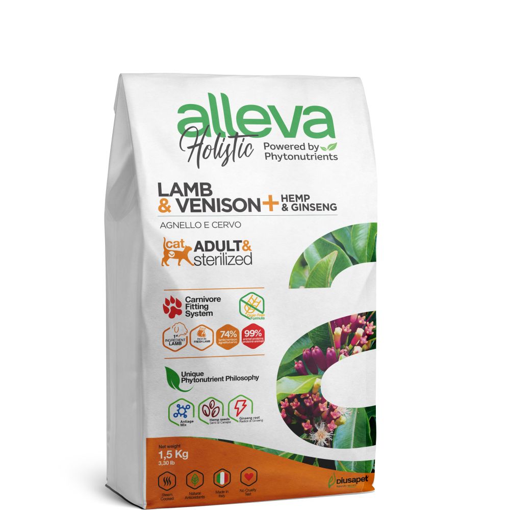 

ALLEVA Holistic Сухой корм для кошек, с ягненком и олениной, коноплей и женьшенем, 1,5 кг