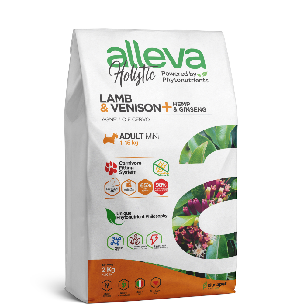 

ALLEVA Holistic Сухой корм для собак мелких пород, с ягненком и олениной, коноплей и женьшенем, 2 кг