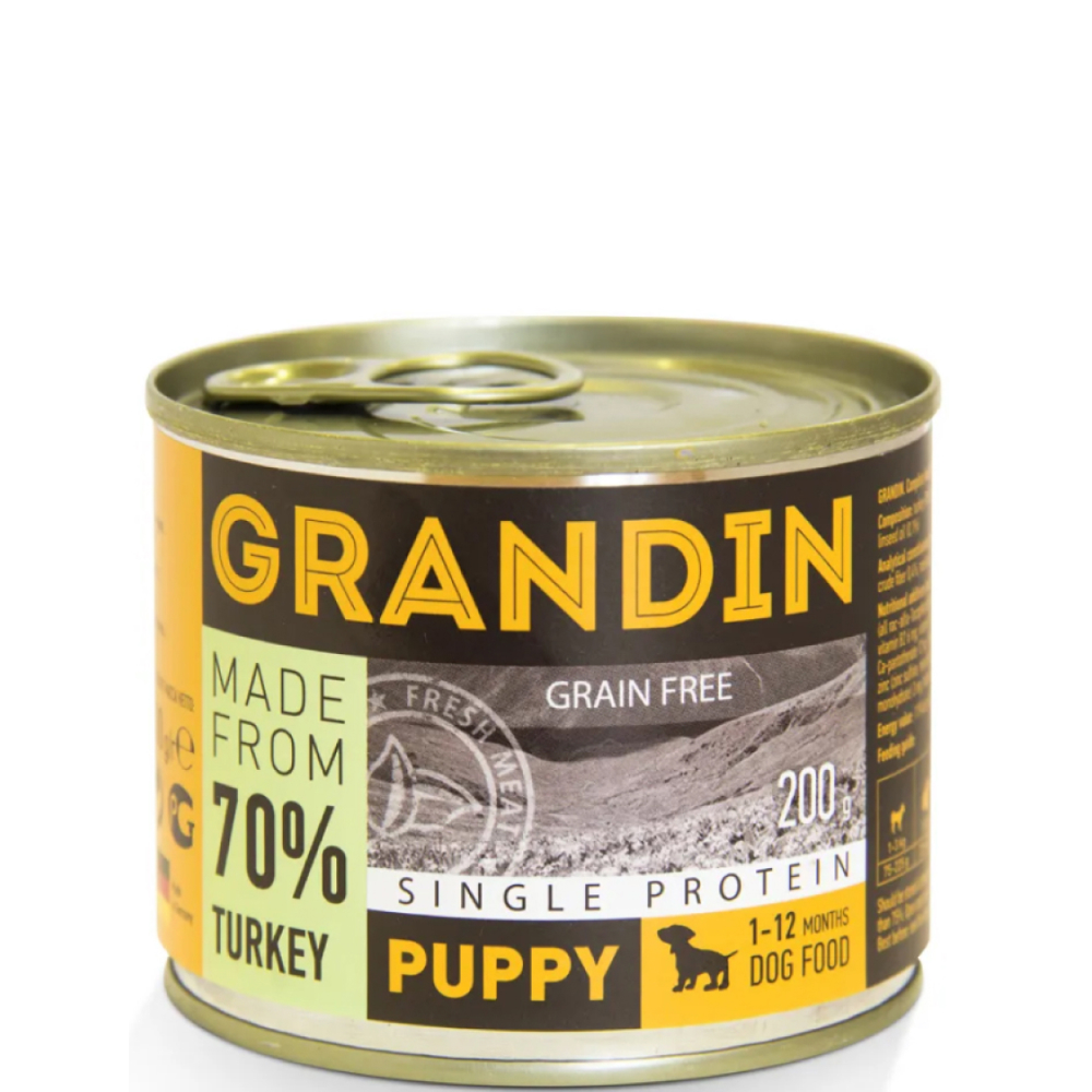 Grandin Puppy Влажный корм для щенков всех пород, с индейкой и льняным маслом, 200 гр