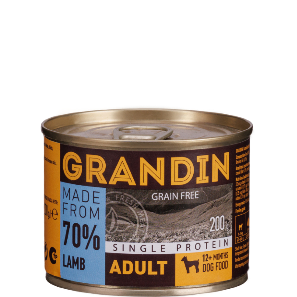 Grandin Adult Влажный корм для взрослых собак всех пород, с ягненком и льняным маслом, 200 гр