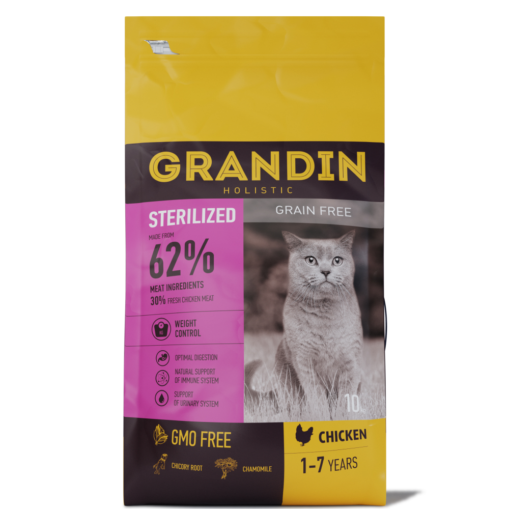 Grandin Sterilized Grain free Корм сухой для кастрированных котов и стерилизованных кошек в возрасте от 1 года до 7 лет, с курицей