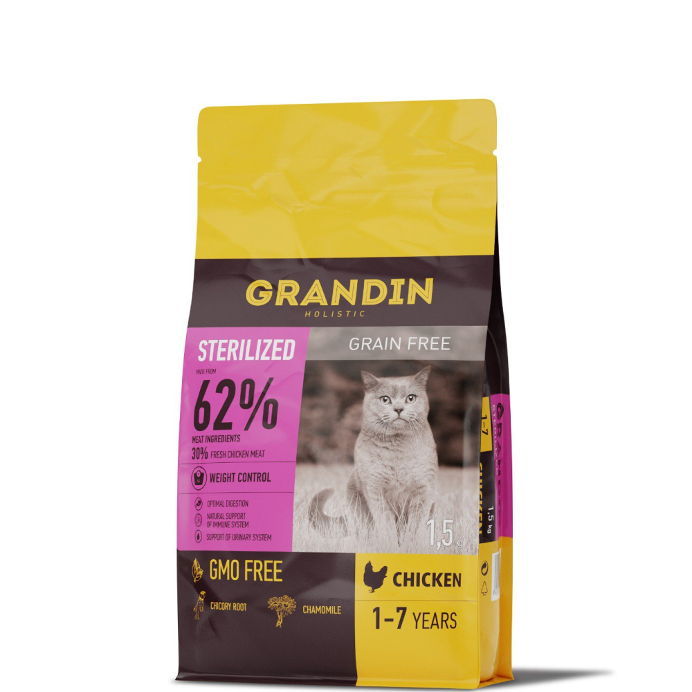 Grandin Sterilized Grain free Корм сухой для кастрированных котов и стерилизованных кошек в возрасте от 1 года до 7 лет, с курицей, 1,5 кг