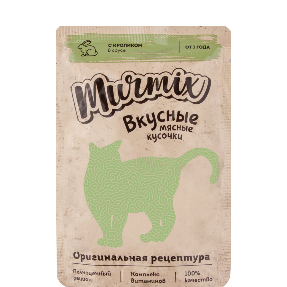 

Murmix Влажный корм (пауч) для взрослых кошек, кусочки с кроликом в соусе, 85 гр.