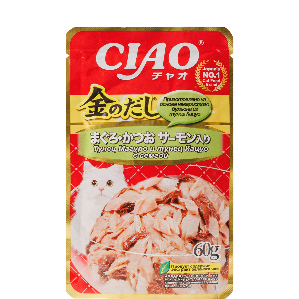 

INABA CIAO Влажный корм (пауч) для кошек, тунец магуро и тунец кацуо с семгой, 60 гр.