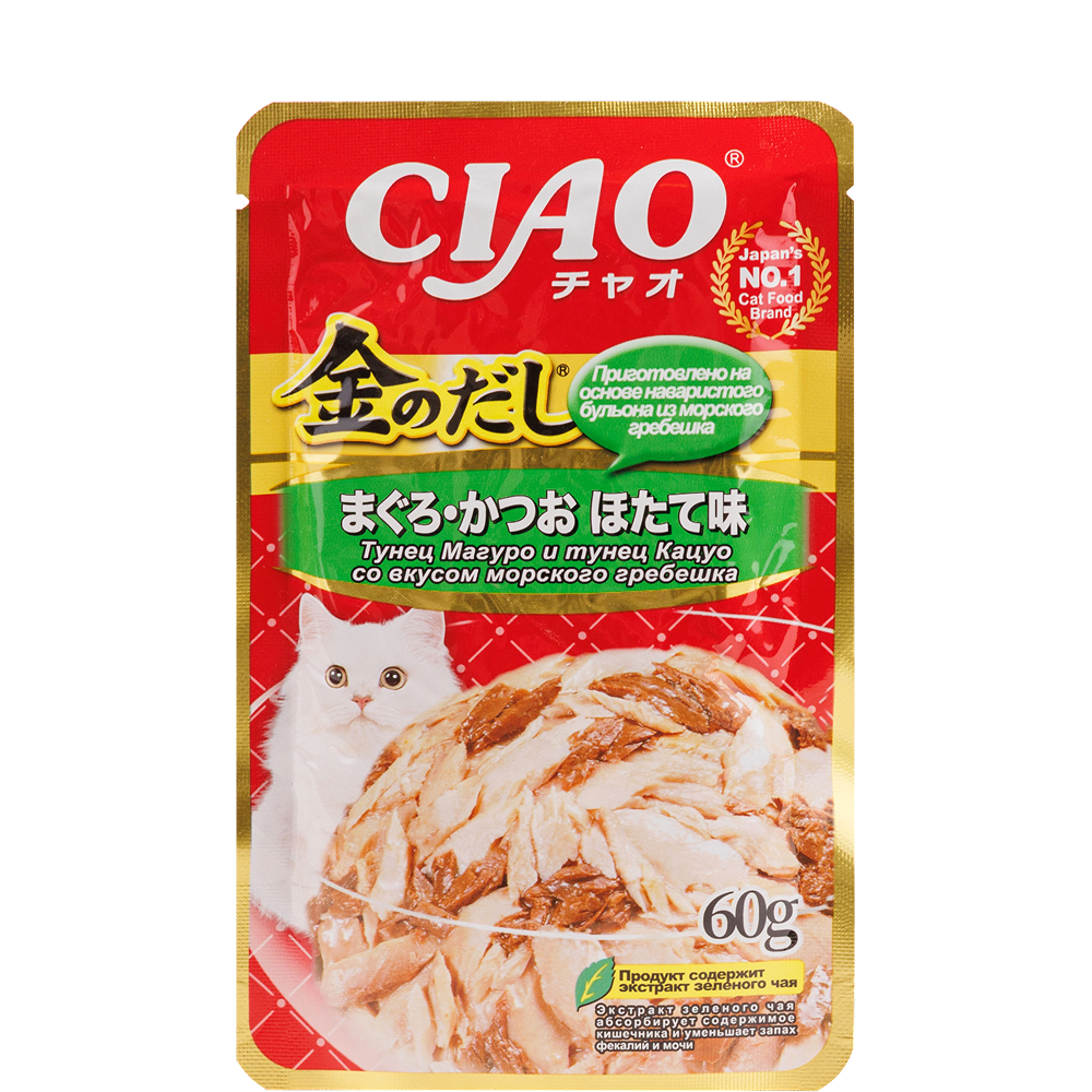 

INABA CIAO Влажный корм (пауч) для кошек, тунец магуро и тунец кацуо со вкусом морского гребешка, 60 гр.