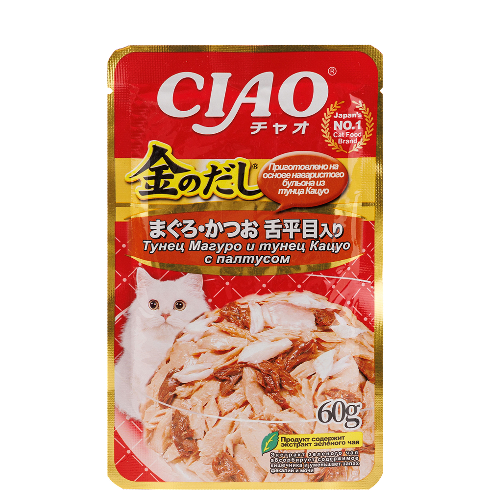 

INABA CIAO Влажный корм (пауч) для кошек, тунец магуро и тунец кацуо с палтусом, 60 гр.
