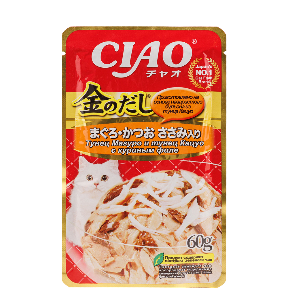 

INABA CIAO Влажный корм (пауч) для кошек, тунец магуро и тунец кацуо с куриным филе, 60 гр.
