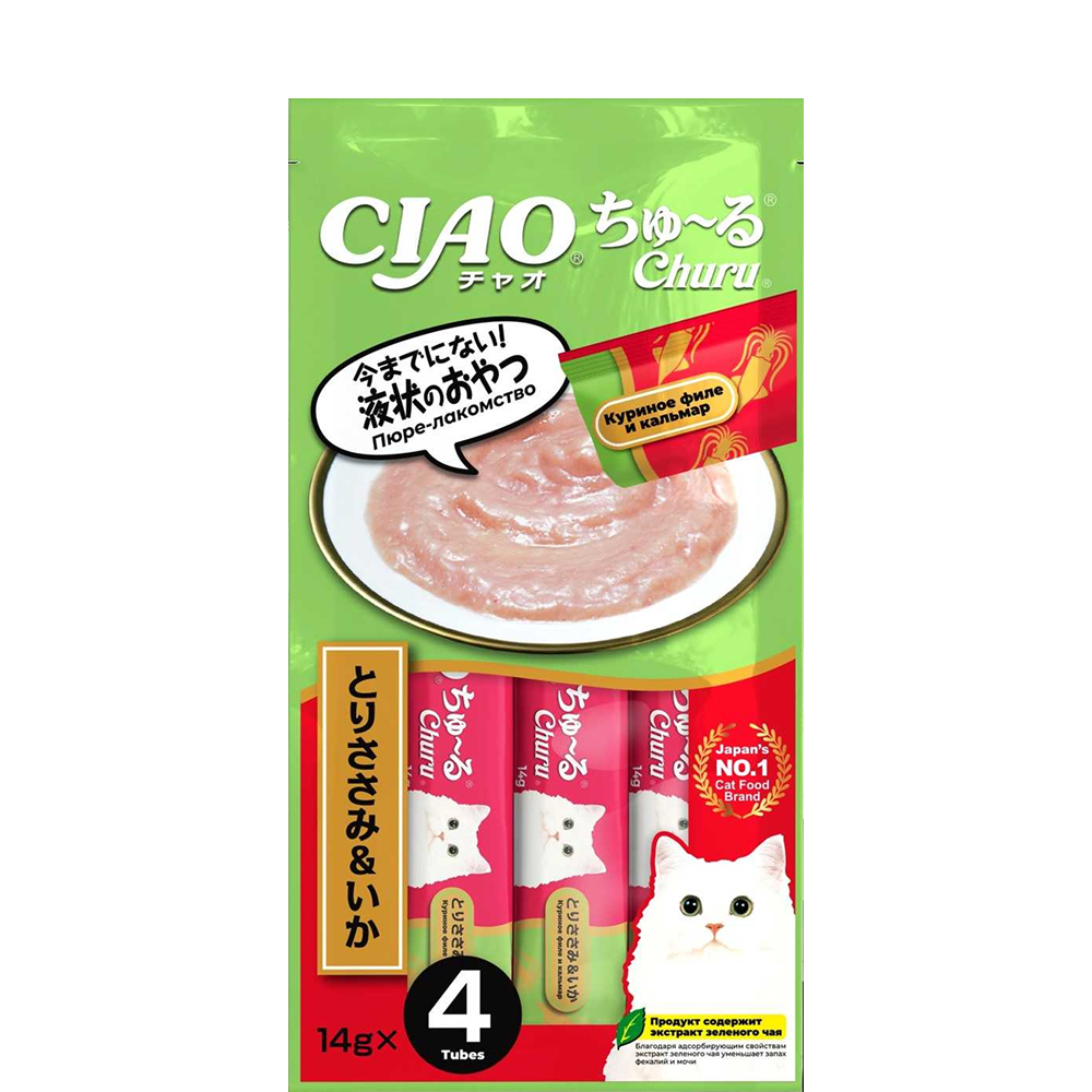 

INABA CIAO Лакомство-пюре Churu Куриное филе и кальмар для кошек, 4x14 гр.