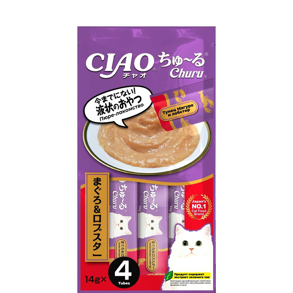 

INABA CIAO Лакомство-пюре Churu Тунец магуро и лобстер для кошек, 4x14 гр.