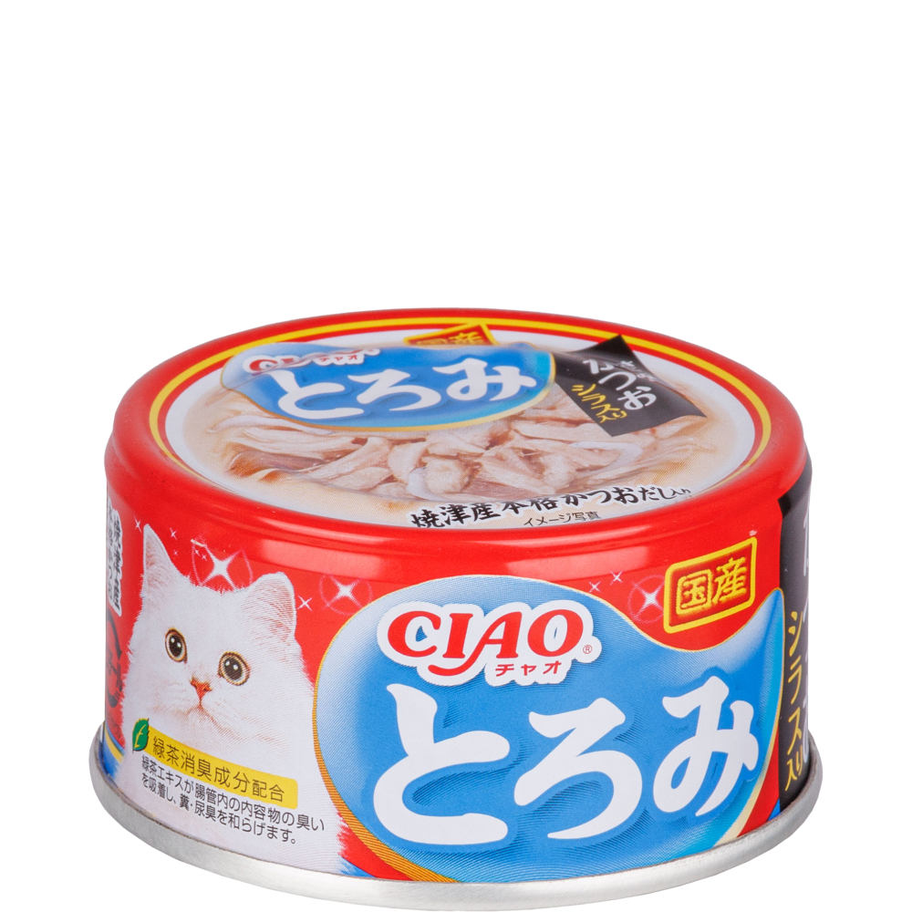 

INABA CIAO Влажный корм (консервы) для кошек, куриное филе и тунец кацуо с мальками ширасу в бульоне, 80 гр.