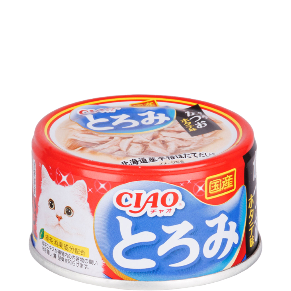 

INABA CIAO Влажный корм (консервы) для кошек, куриное филе и тунец кацуо со вкусом морского гребешка в бульоне, 80 гр.