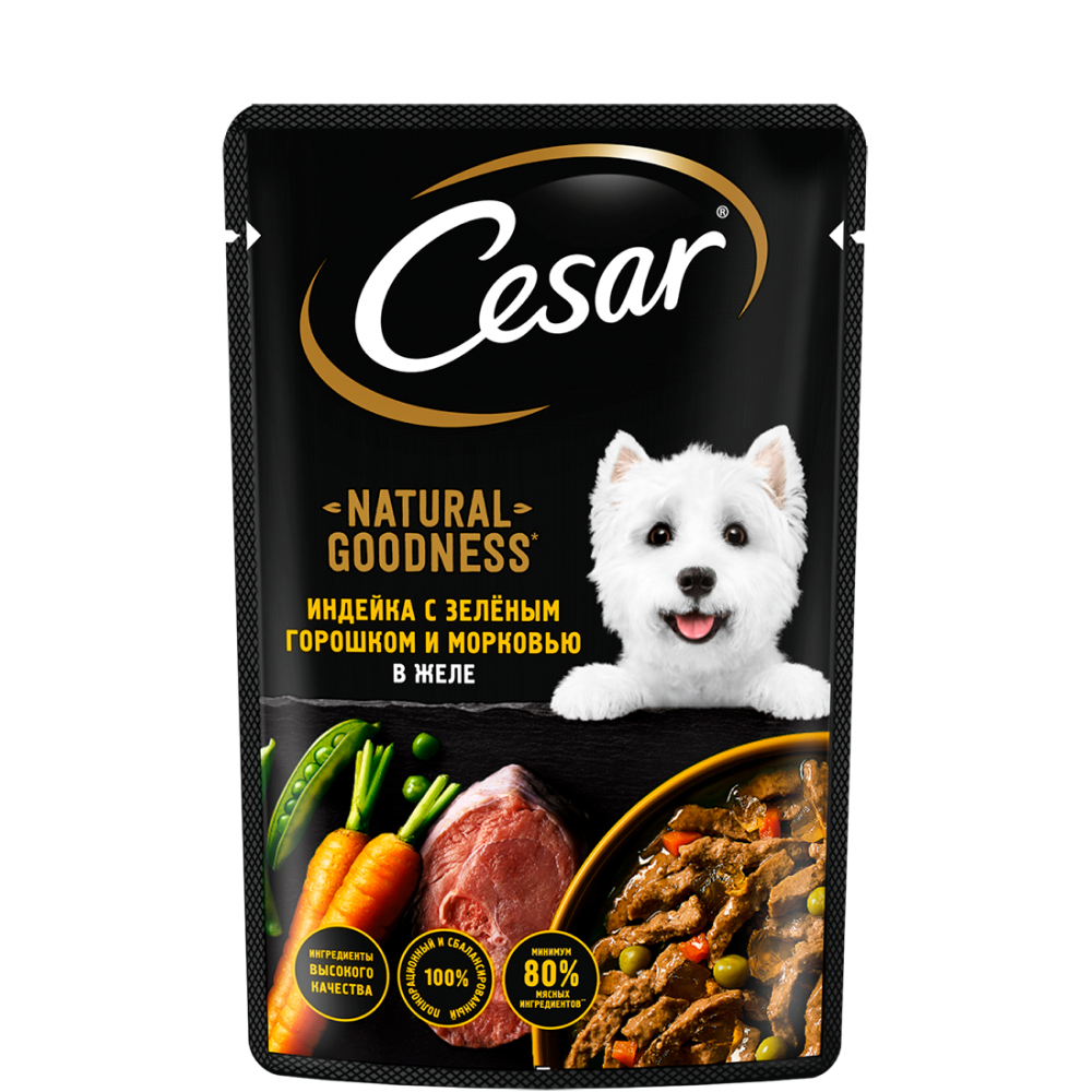 

Cesar Влажный корм (пауч) для собак, индейка, горох и морковь в желе, 80 гр.