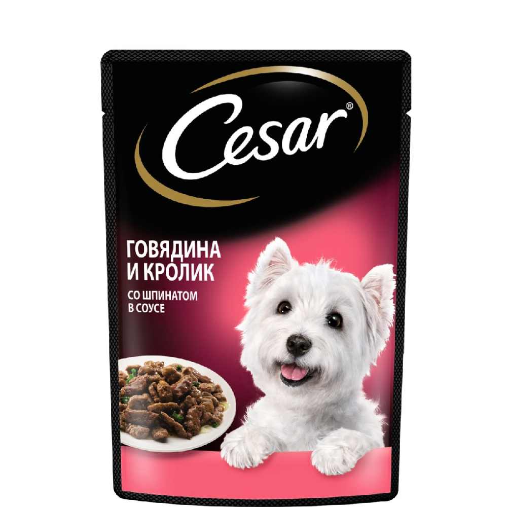 

Cesar Влажный корм (пауч) для собак, говядина с кроликом и шпинатом, 85 гр.
