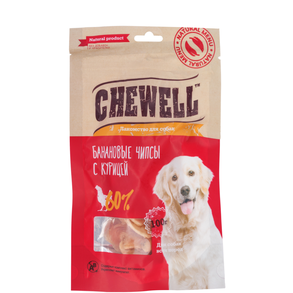 

Chewell Лакомство Банановые чипсы с курицей для собак всех пород, 100 гр.