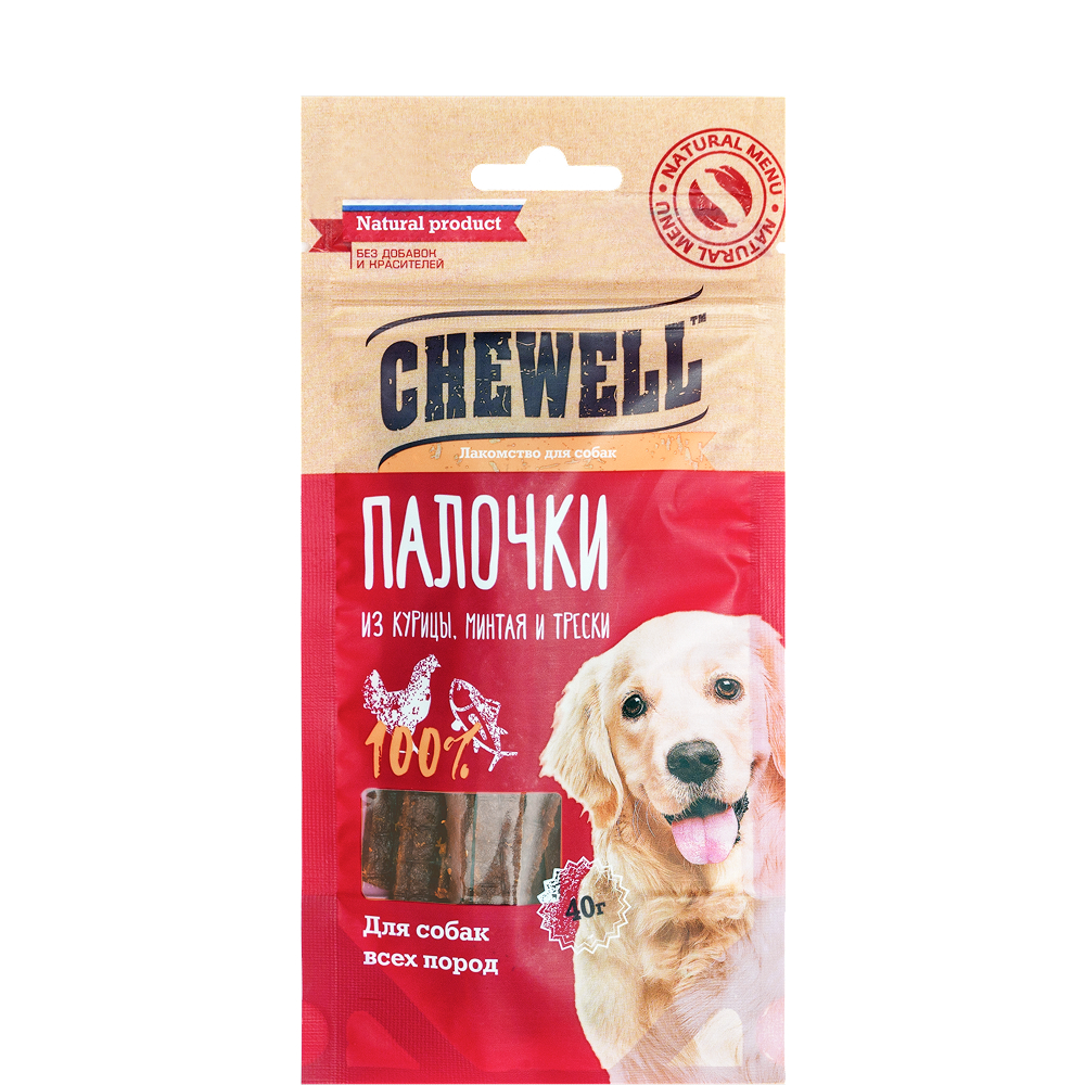 

Chewell Лакомство Палочки из курицы, минтая и трески для собак всех пород, 40 гр.