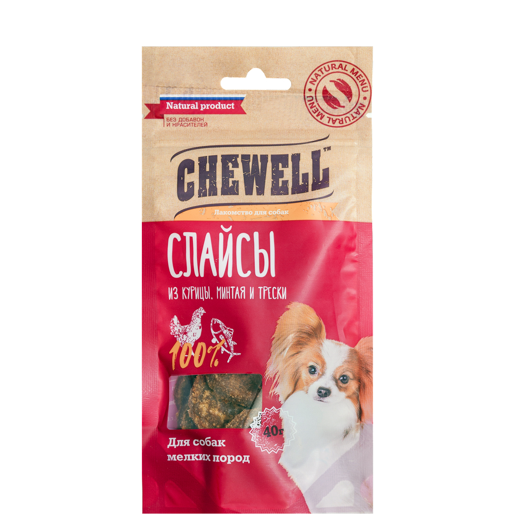

Chewell Лакомство Слайсы из курицы, минтая и трески для собак мелких пород, 40 гр.