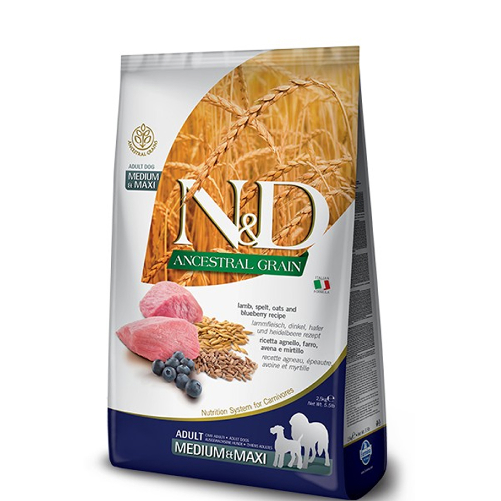 

Farmina N&D Medium&Maxi Сухой низкозерновой корм для взрослых собак средних и крупных пород, с ягненком, спельтой, овсом и черникой, 2,5