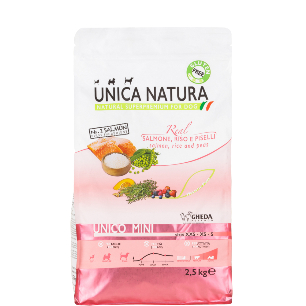UNICA Natura Mini Сухой корм для собак мелких пород, с лососем, рисом и горохом, 2,5 кг