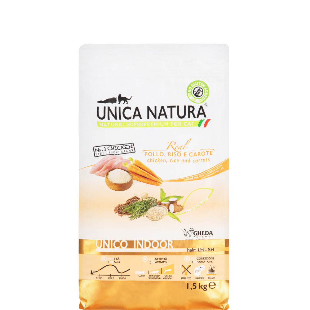 UNICA Natura Indoor Сухой корм для кошек, с курицей, морковью и рисом, 1,5 кг