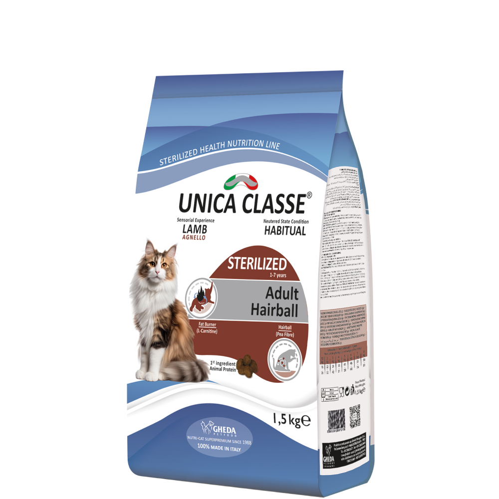 

UNICA Classe Adult Sterilized Luxury Hairball Сухой корм для стерилизованных кошек, с ягненком, 1,5 кг