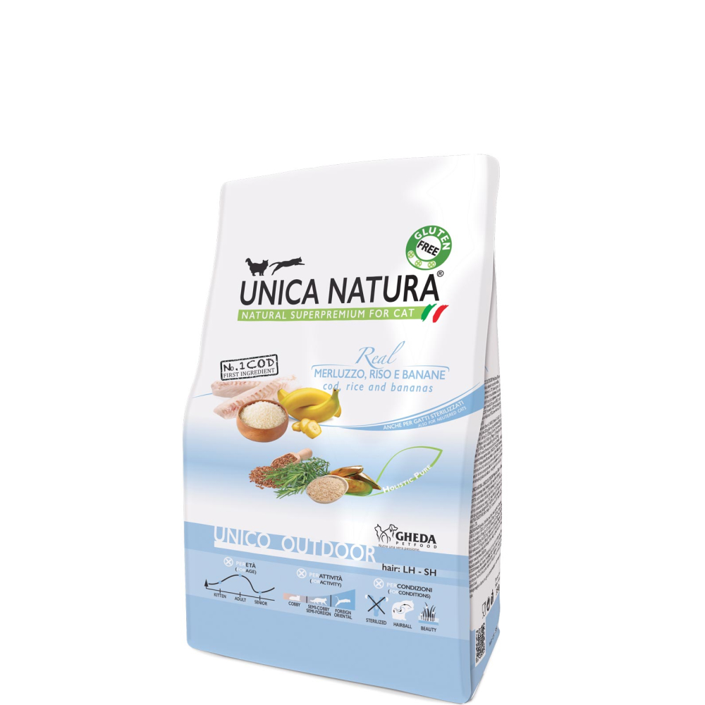 

UNICA Natura Unico Outdoor Сухой корм для кошек, с треской, рисом и бананами, 350 гр.