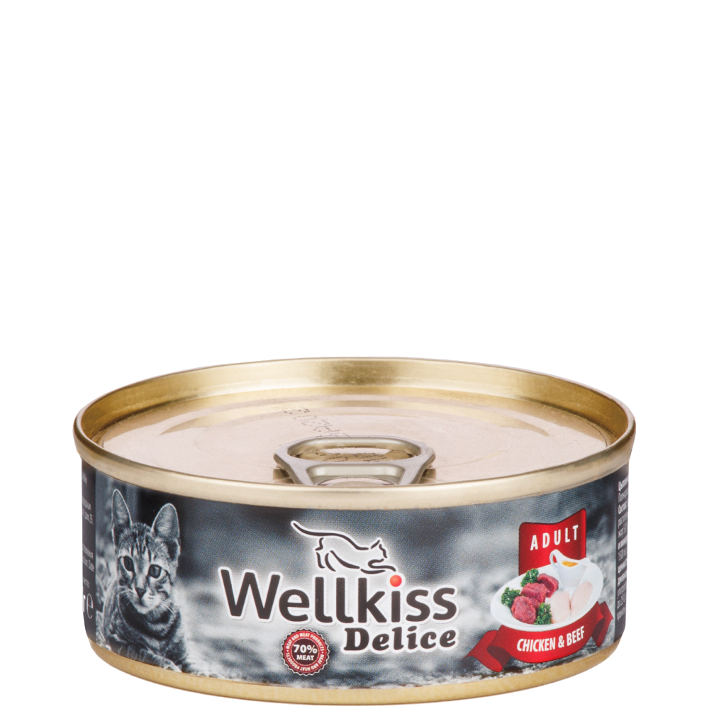 

Wellkiss Влажный корм (консервы) для кошек, цыпленок с говядиной, 100 гр.